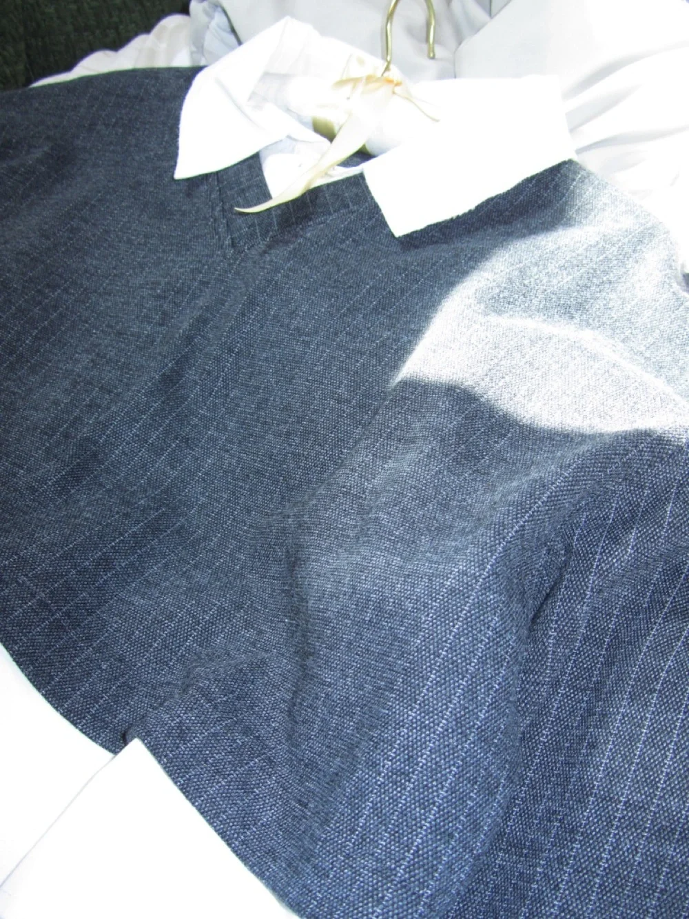Zara Black Pinstripe V-Neck Sweater with Attached White Collar - Picture 3 of 7